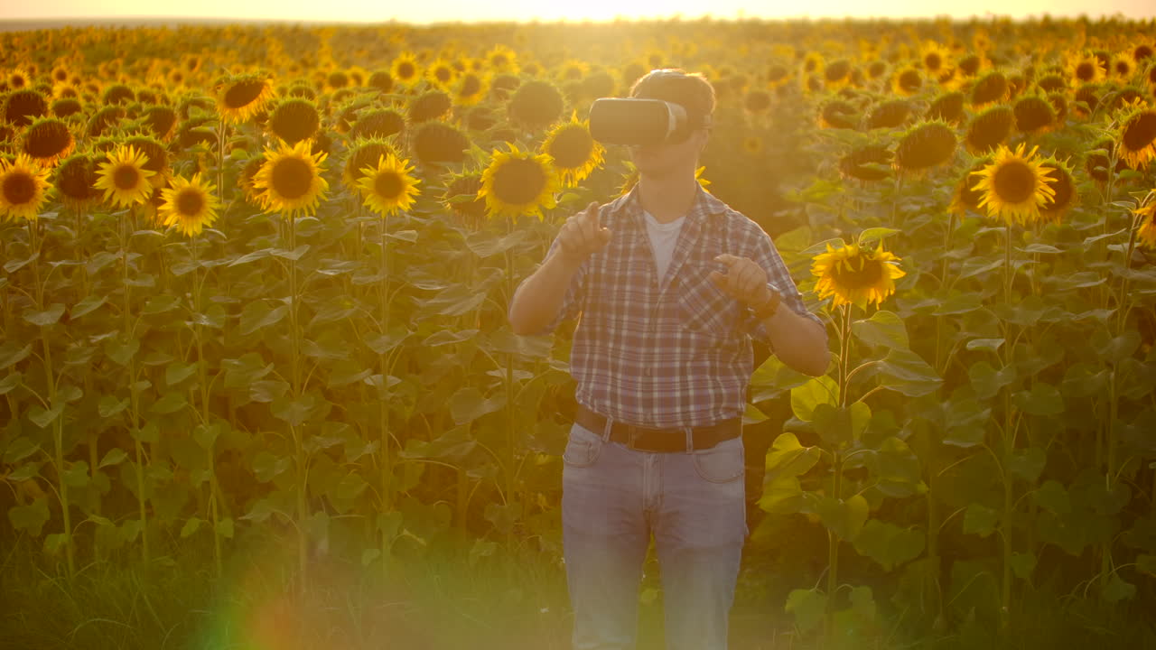 un hombre está de pie en el campo con girasoles y trabaja con gafas de realidad virtual. él prueba la tecnología moderna para el desarrollo científico.