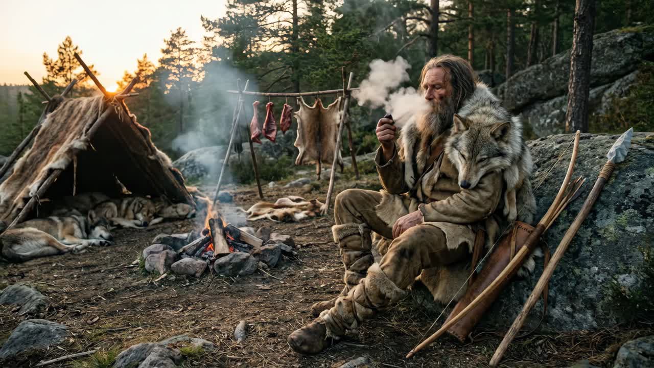 Primitivní člověk kouřící dýmku s vlčím společníkem u táborového ohně