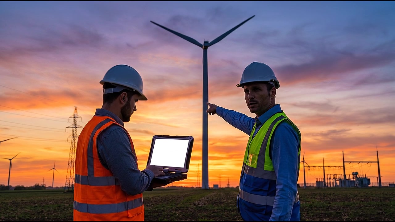 Engineers Discussing Wind Turbine Project with Laptop at Sunset