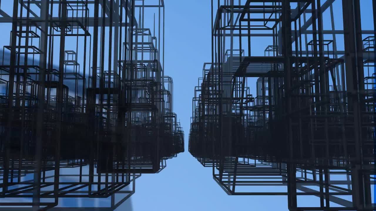 도시 풍경 위의 파란색 배경의 애니메이션.