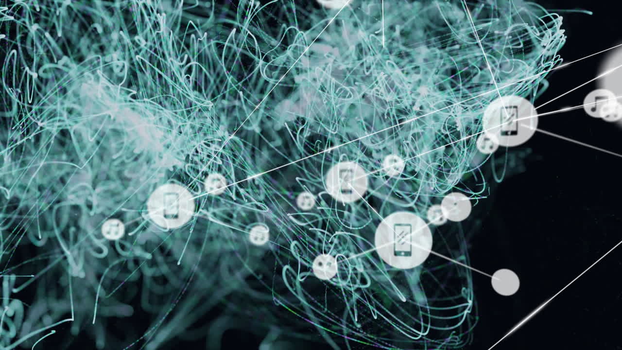 Animation of network of connections with digital icons over green mesh