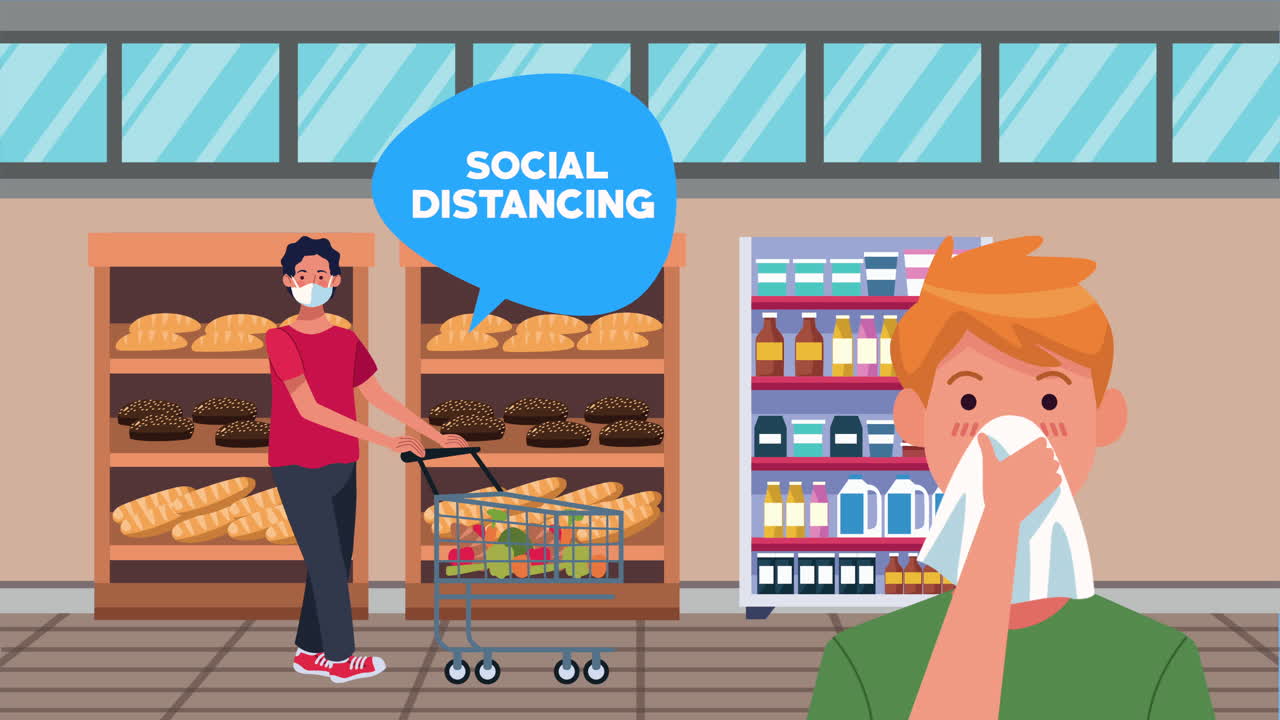 슈퍼마켓의 남성 고객과 남성 병자와의 사회적 거리 두기 캠페인