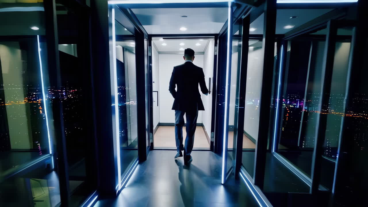 Businessman in a Modern Skyscraper at Night
