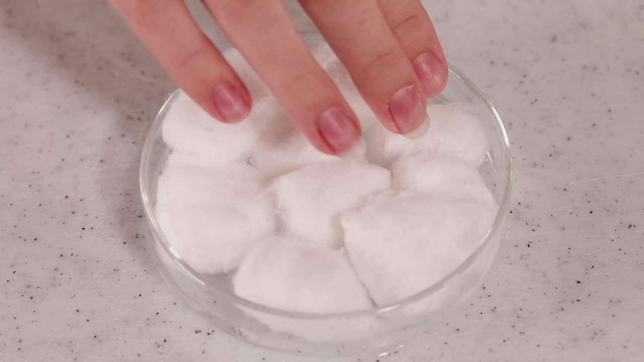 A hand arranges cotton balls in a petri dish on a lab surface. Bright lighting highlights the scientific setting