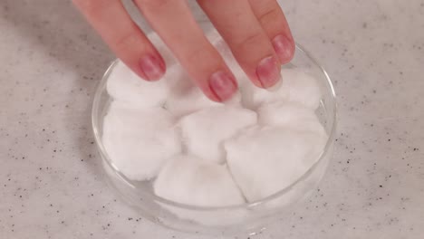 A hand arranges cotton balls in a petri dish on a lab surface. Bright lighting highlights the scientific setting