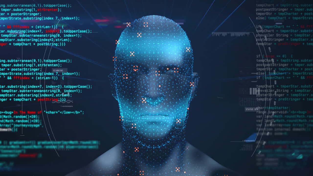 Animation of data processing over digital human with icons
