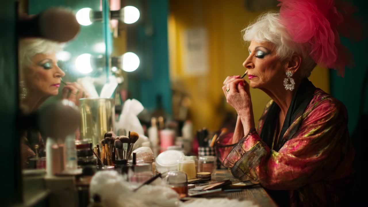A glamorous performer applying makeup in a vibrant, well-lit dressing room, showcasing a moment of transformation with elegance and confidence while preparing for a captivating show