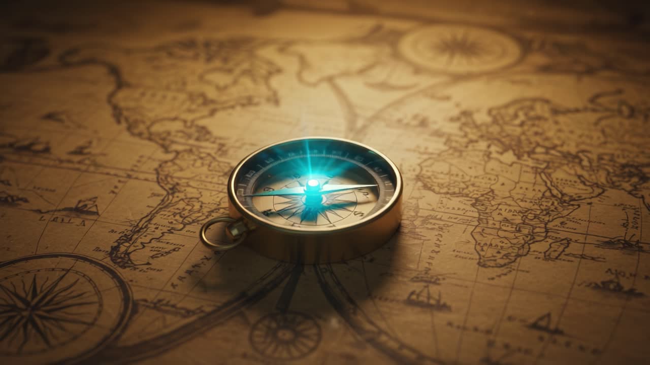 An Exquisite Close-Up of a Vintage Compass on an Antique World Map, Highlighting the Intricate Details and the Enigmatic Glow of Directional Exploration