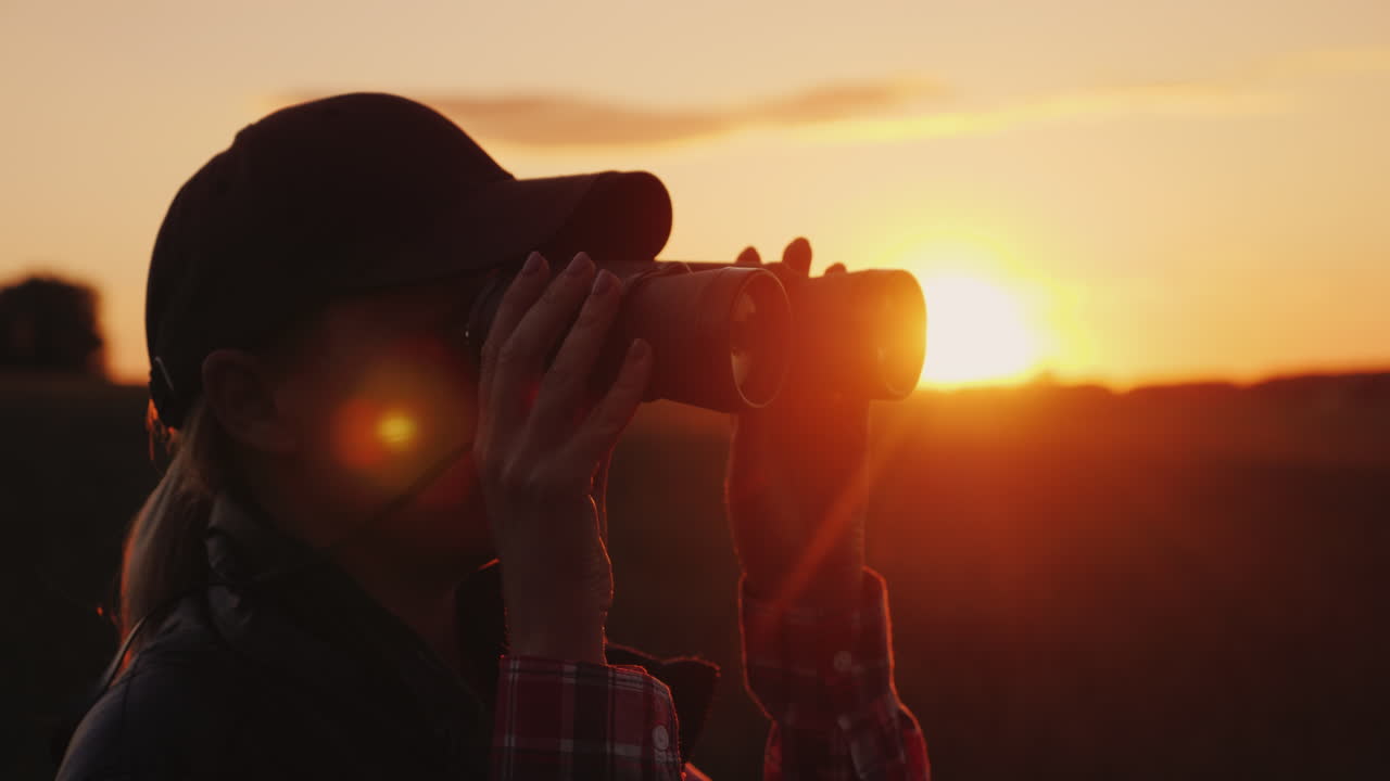 una mujer mirando a través de binoculares en el concepto de viaje y safari al atardecer video 4k