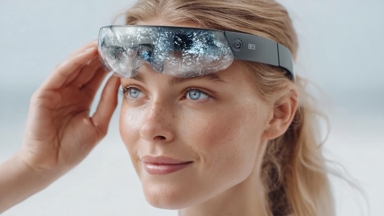 A woman wearing advanced eyewear technology, showcasing a futuristic design with immersive visual effects that enhance her experience and style