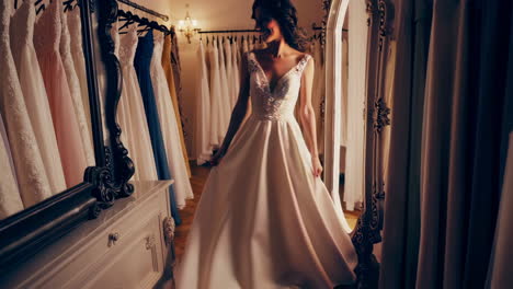 woman trying on a wedding dress in a bridal boutique