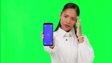 Phone,-green-screen-and-headache-with-business