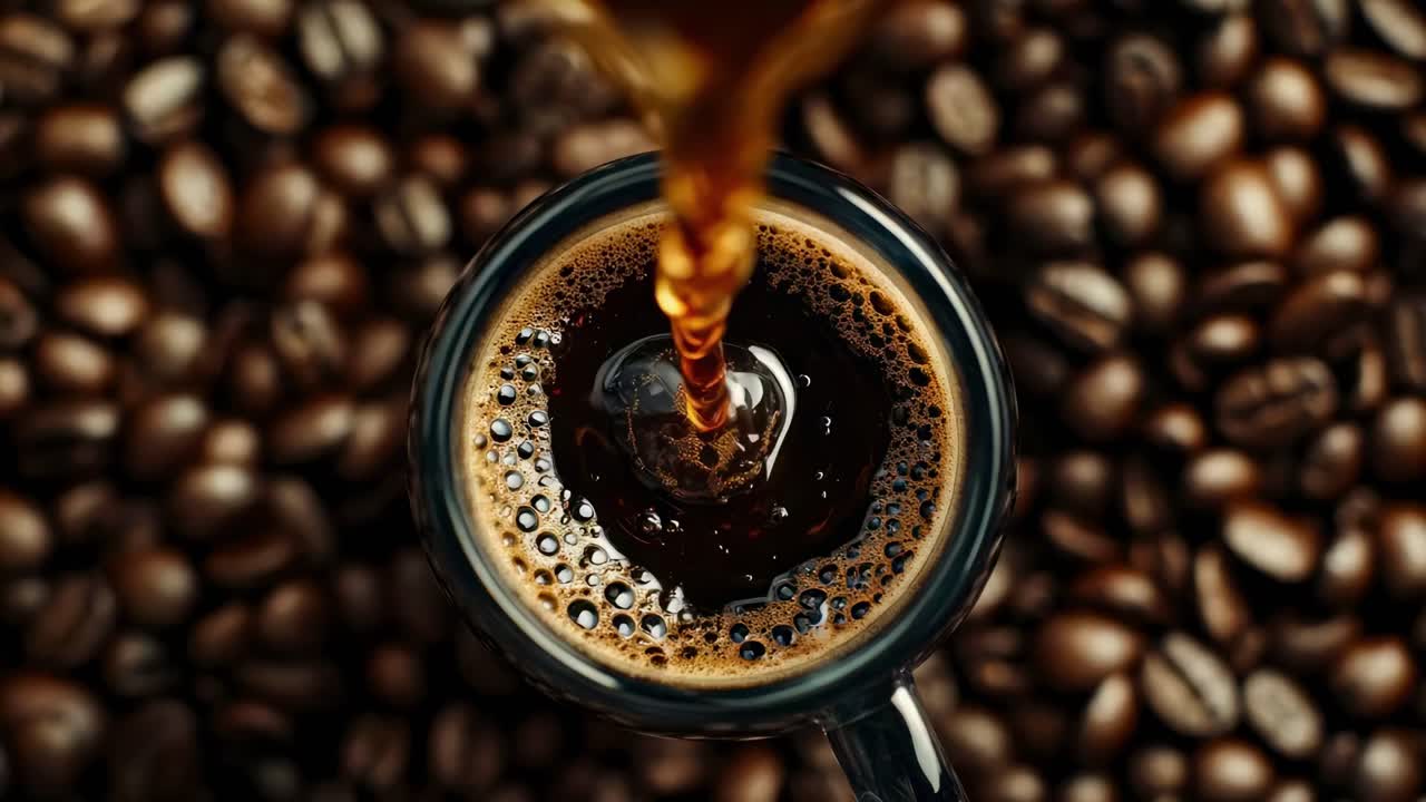 Top-down videooptagelse af kaffe, der hældes i en glaskop, omgivet af kaffebønner