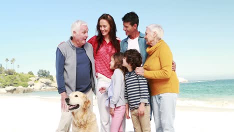 three smiling generation family with dog