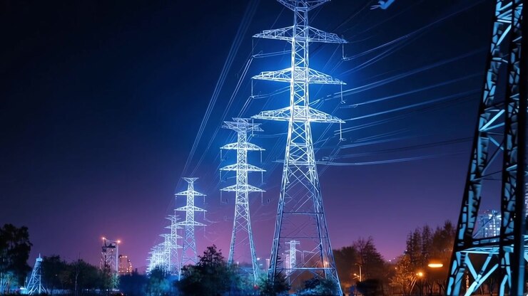 Blue Lit Electricity Pylons and Power Lines at Night