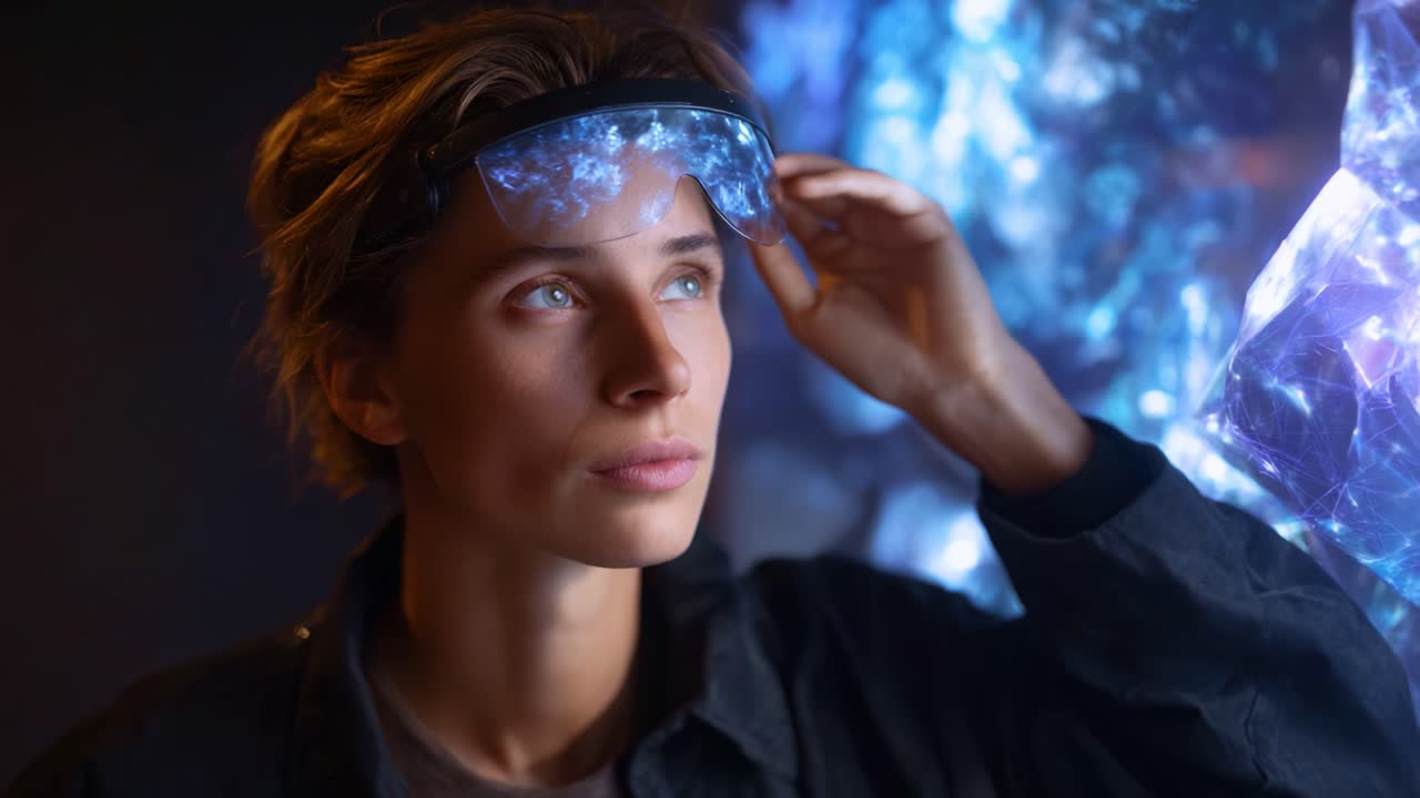 A focused individual wears futuristic glasses, gazing intently at vibrant holographic projections, exploring the intersection of technology and creativity