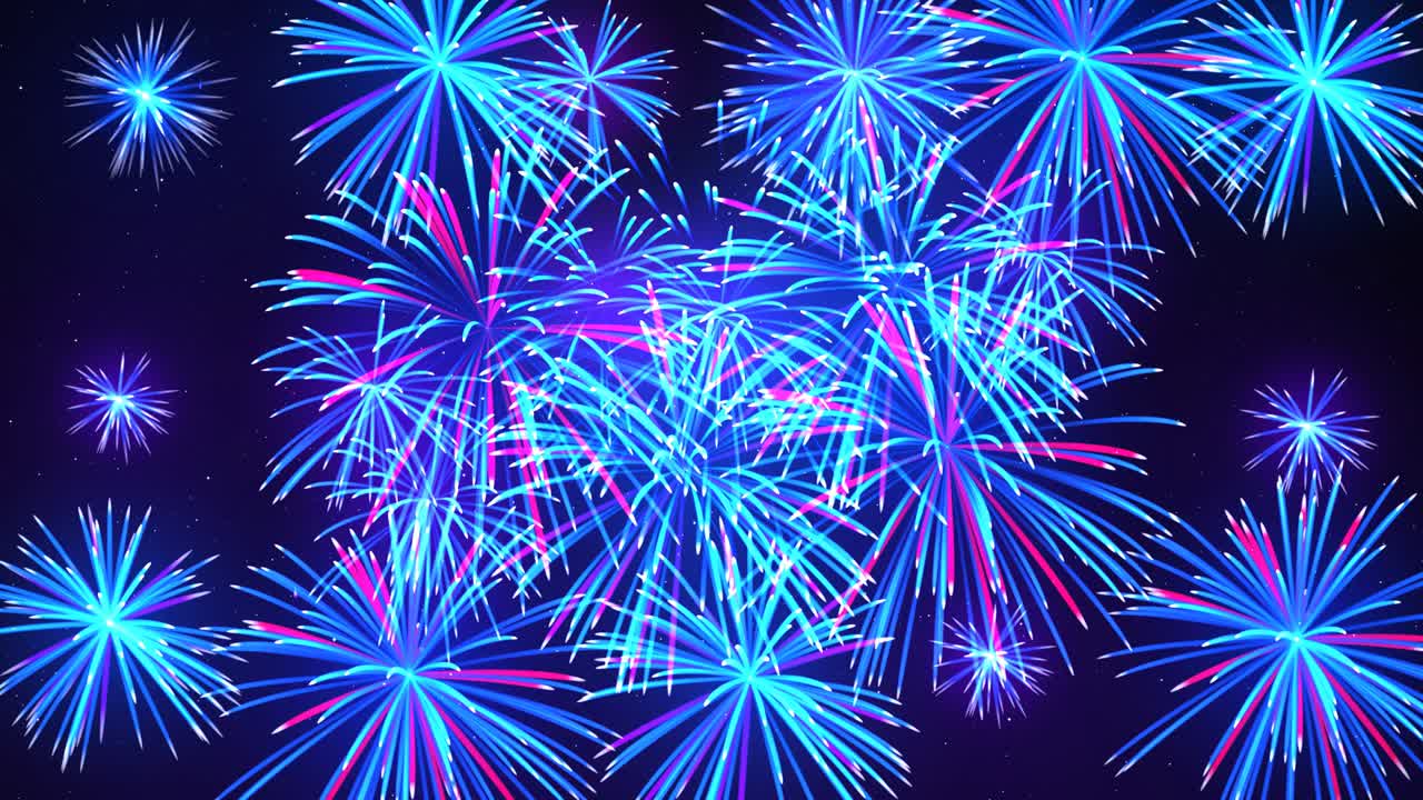 별과 함께 밤 하늘에 밝은 불꽃놀이, 어두운 파란색 배경에 다채로운 불꽃놀이는 밝은 디자인을위한 아름다운 축제 하늘, 애니메이션 배경, 원활한 루프