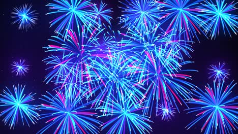 fuegos artificiales brillantes en el cielo nocturno con estrellas. fuegos artificials coloridos en un fondo azul oscuro. hermoso cielo festivo para un diseño brillante. fondo animado, bucle sin costuras