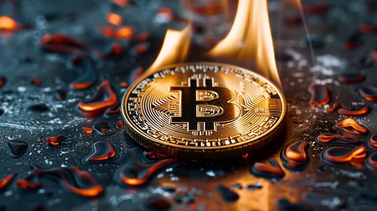 Moneta Bitcoin in fiamme su una superficie scura con riflessi infuocati