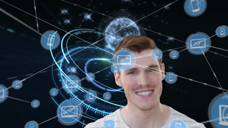 Animation of a Caucasian man smiling over a nework of connections with tech icons and the planet