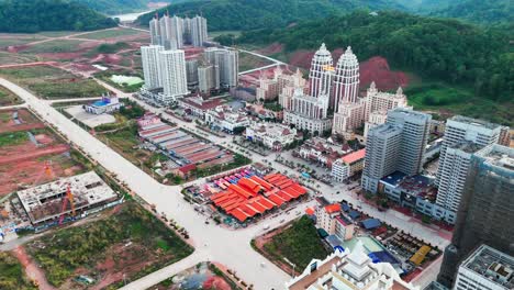 drone aerial of boten city in laos located in luang namtha province, on the china–laos border