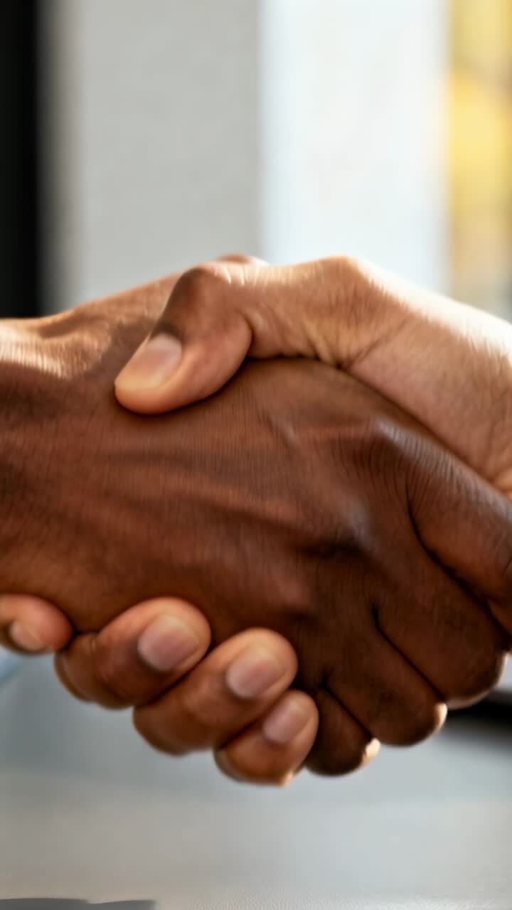 Vertical video: Shaking two hands initiating firm clasp as meeting starting in office, long sleeves