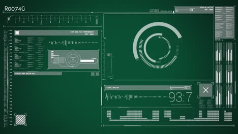 Animation-of-screens-with-scope-scanning,-data-processing-on-screens-over-green-background