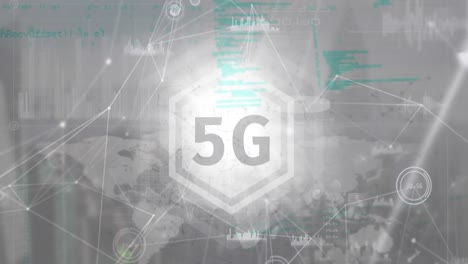 animation of 5g text in hexagon shape, connected dots, bar graph icons, programming language and map