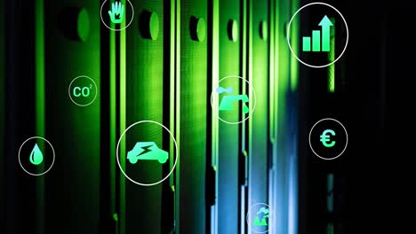 Animation-of-green-technology-icons-over-data-server-systems