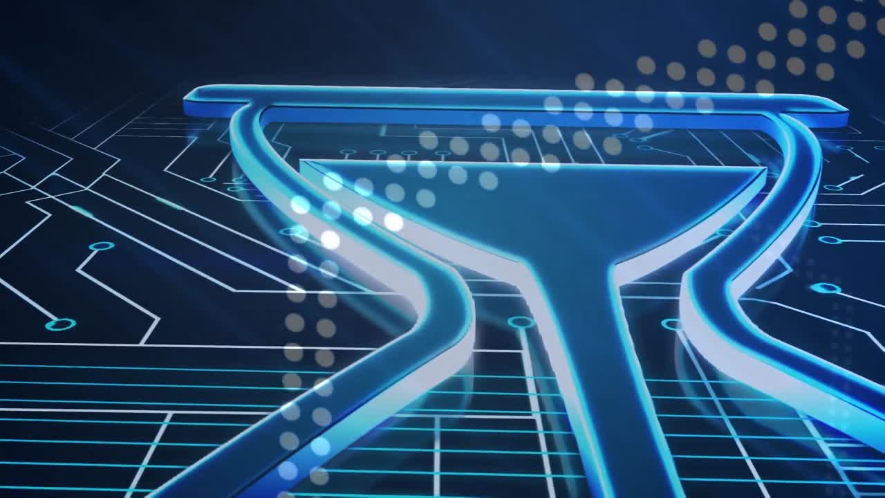 컴퓨터 회로판 위에 점이 있는 모래시계 아이콘의 애니메이션