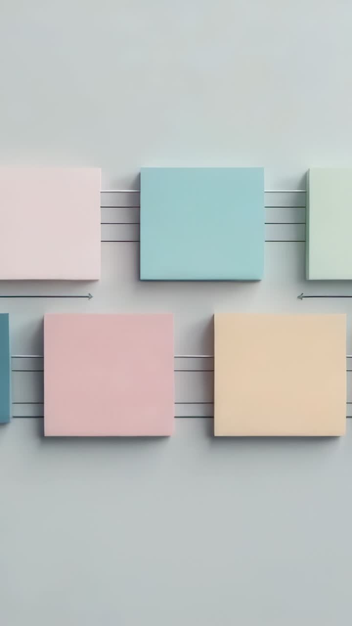 Video verticale: A 3 secondi, un pannello a scatole pastello che si aprono mostrando l'interno sullo sfondo, linee e frecce