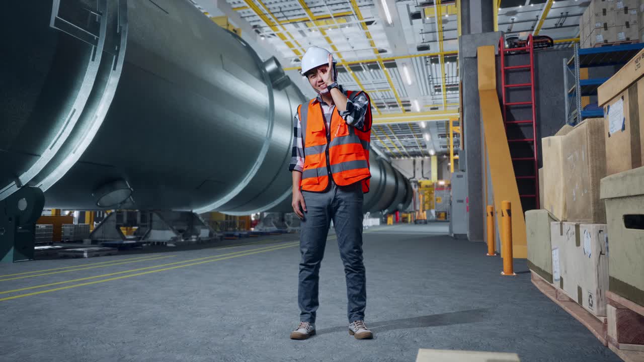 corpo pieno di ingegnere maschio asiatico con casco di sicurezza in piedi in una fabbrica di produzione di tubi. sorridendo alla telecamera e mostrando ok segno della mano sopra l'occhio