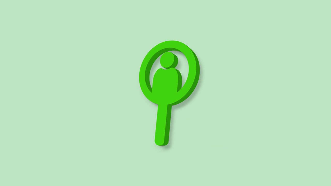 Magnifying glass for search a people 3d icon isolated on green background. Recruitment or selection concept. Search for employees and job. 4K