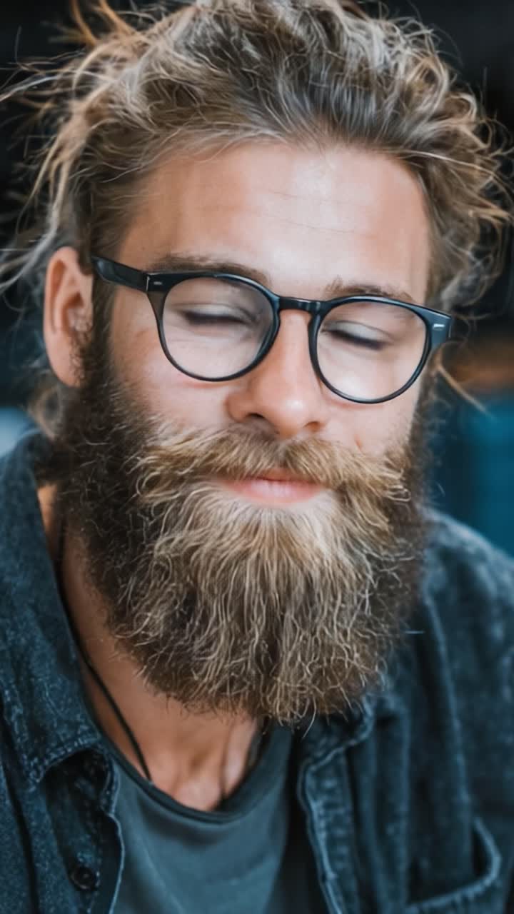 Un primo piano di un giovane uomo con occhiali e barba folta, che cattura il suo sorriso affascinante e il suo look elegante in luce naturale