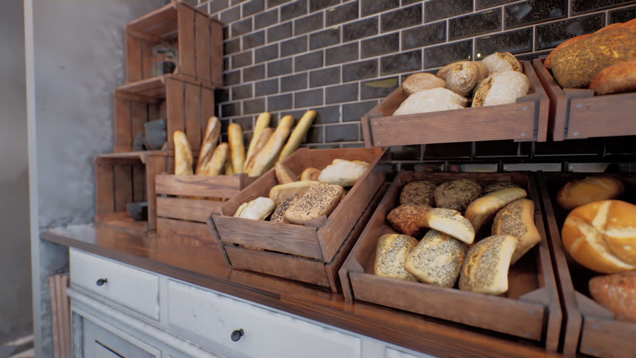 Fresh bread on shelves in bakery