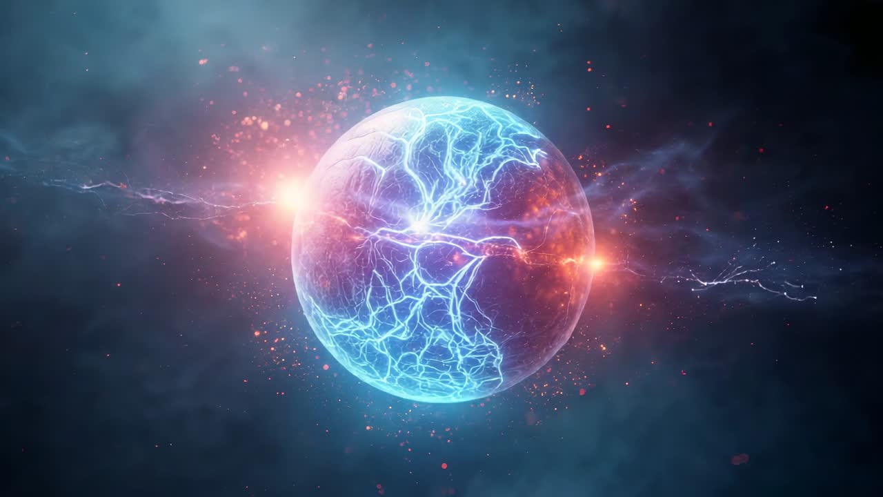 Glowing sphere bifurcating by blue arc in space, with red-orange veins and drifting particles