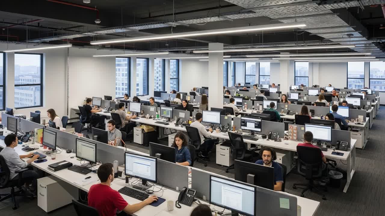 A bustling modern office environment showcasing numerous employees engaged in various tasks at their workstations, emphasizing productivity and collaboration in a contemporary workspace