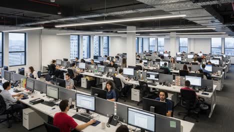a bustling modern office environment showcasing numerous employees engaged in various tasks at their workstations, emphasizing productivity and collaboration in a contemporary workspace