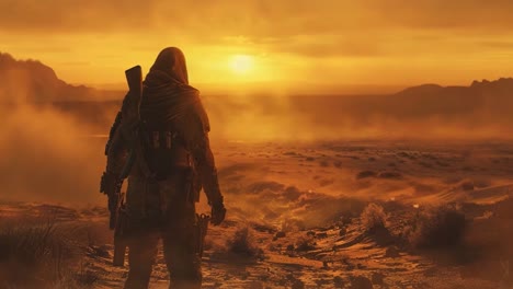 soldier in a desert at sunset