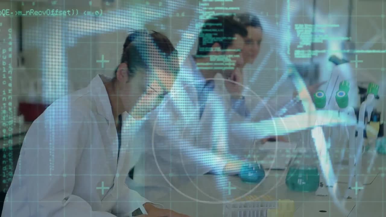 animación de placas de circuitos informáticos, cadenas de adn y datos sobre diversos científicos en el laboratorio