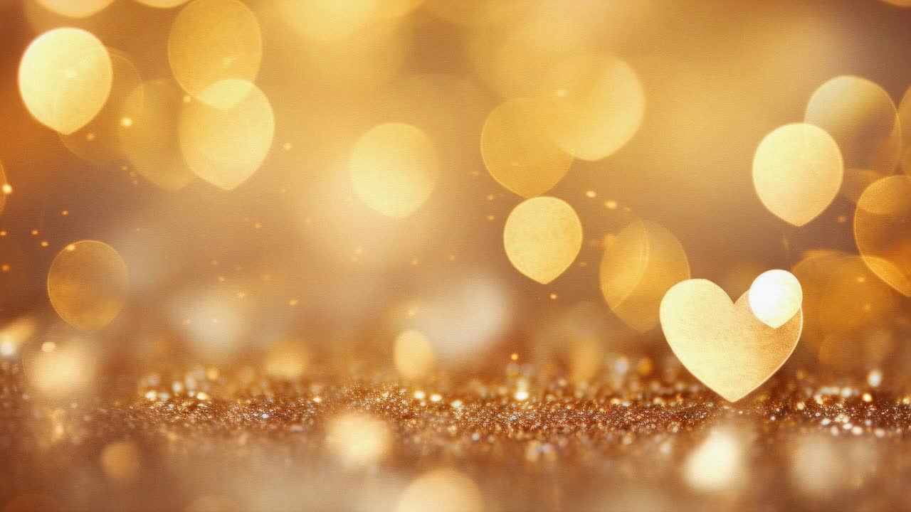 Heart-shaped bokeh lights create a romantic, dreamy atmosphere. The video captures a close-up angle