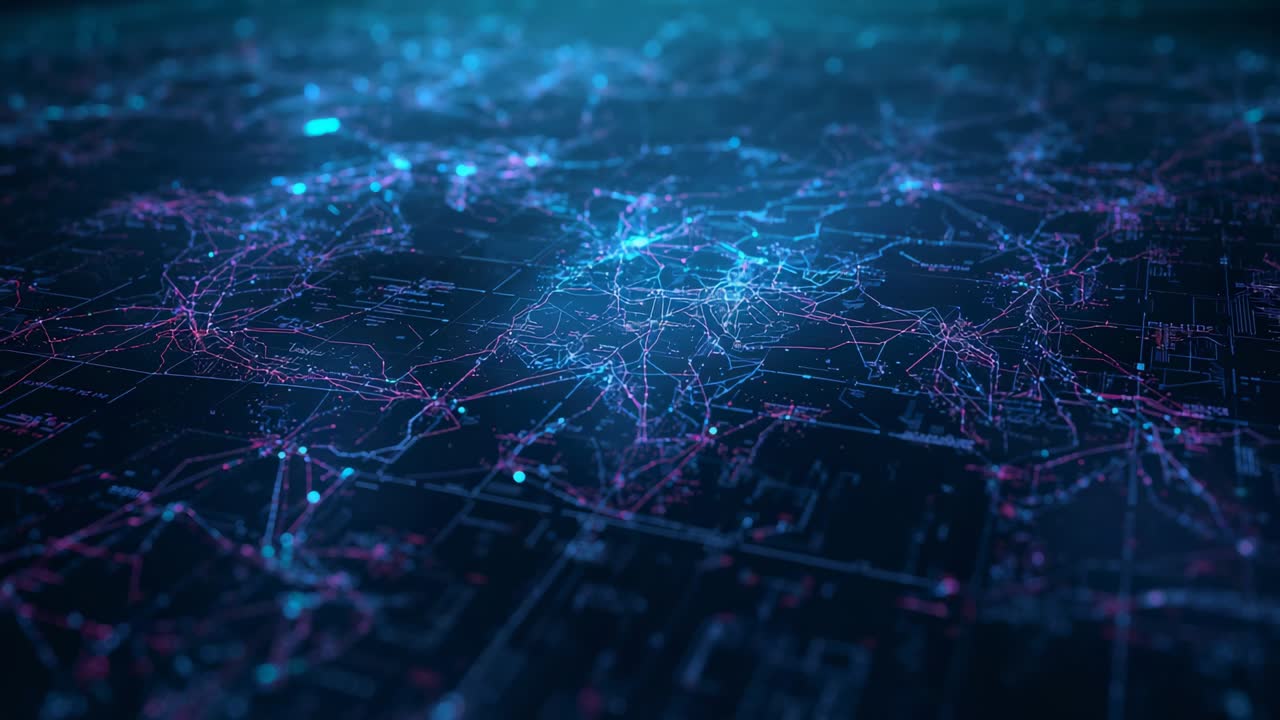 Pulsing cyan magenta node network and lines radiating from bright hubs, shifting focus toward core