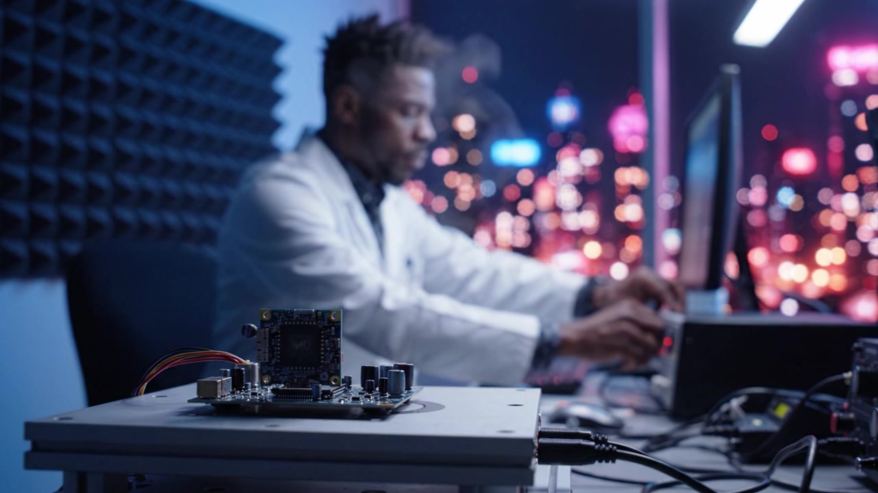 En videnskabsmand i hvid laboratoriekittel arbejder flittigt ved et skrivebord, omgivet af elektronisk udstyr og byens lys, der fremviser innovativ teknologi om natten.