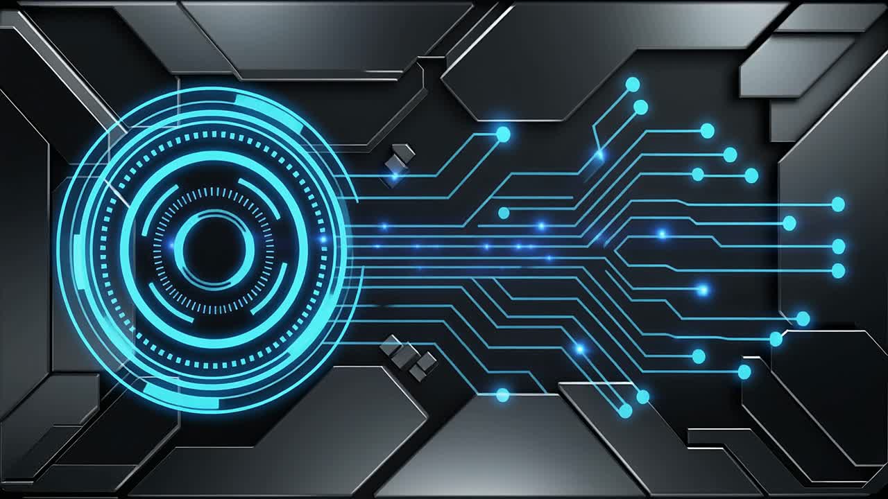 Animeret digitalt printkort med glødende blå forbindelser.