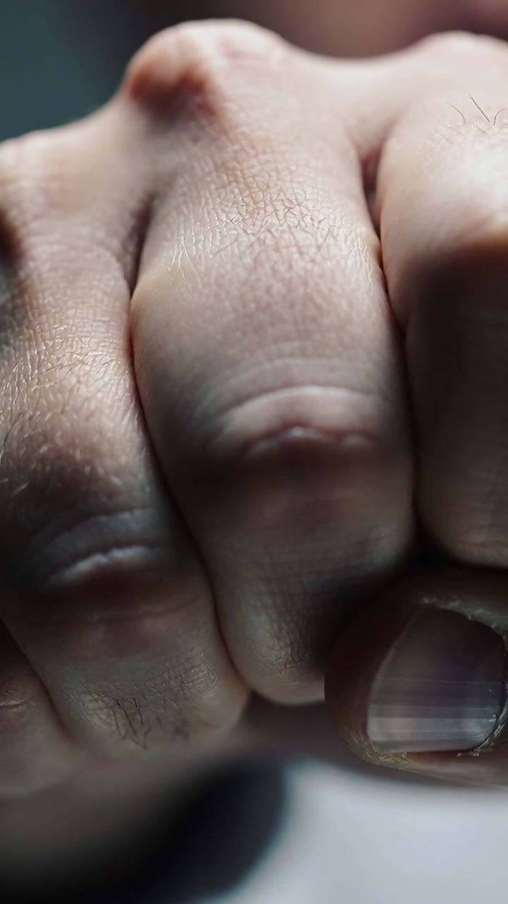 Vertical video: Clenching right fist while camera nudging focus in studio, showing fingernail ridge