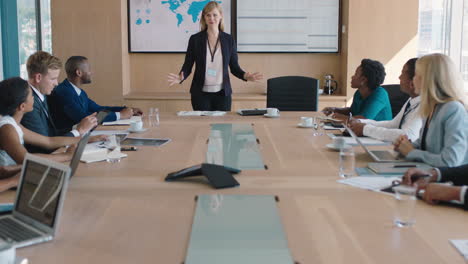 business woman presenting successful solution to shareholders celebrating with applause congratulating female executive for growth in sales clapping hands in office boardroom meeting