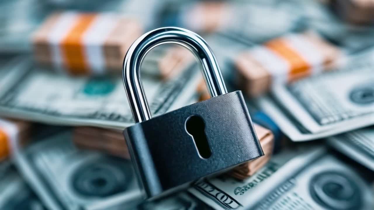 Padlock on US currency representing financial security