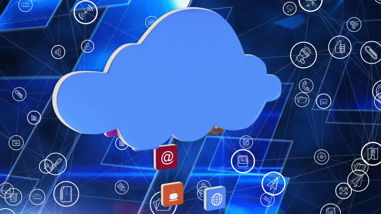 Animation of blue cloud with digital icons over screens on blue background