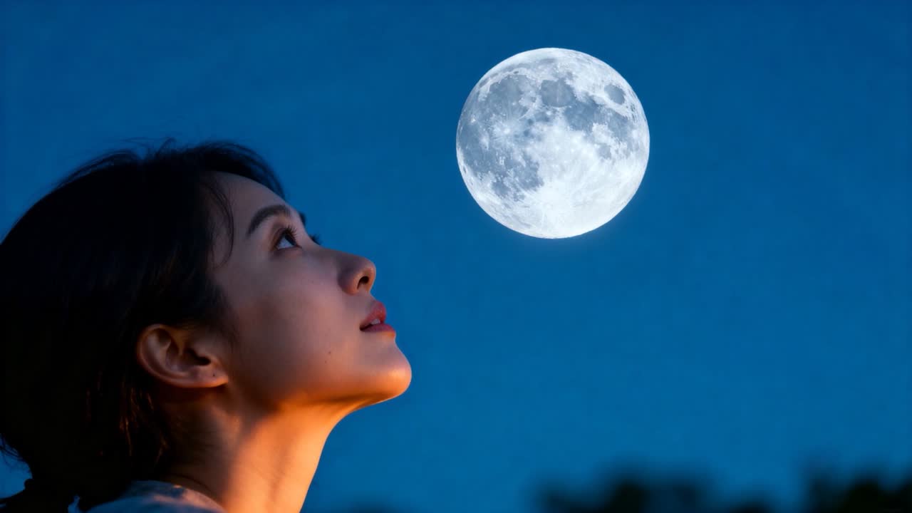 Wanita mendongakkan kepala ke atas setelah melihat bulan purnama, lapisan teknologi yang sesuai dengan pandangan mata menyoroti fase-fase bulan.