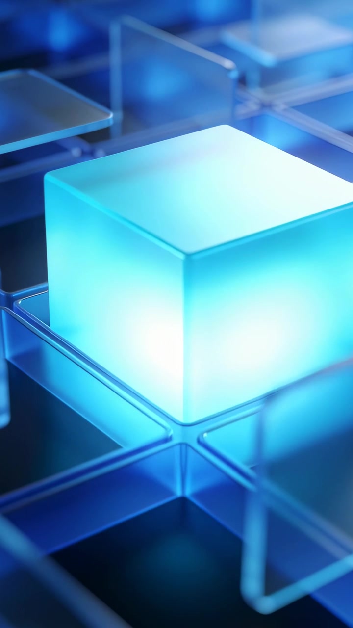 Vertical video: Shifting camera showing cyan cube glowing in glass grid on base, highlighting glow